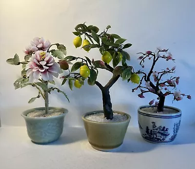 Vintage Bonsai Trees Jade Stone Glass Lemons Dogwood Chrysanthemum LOT OF 3 • $34.99