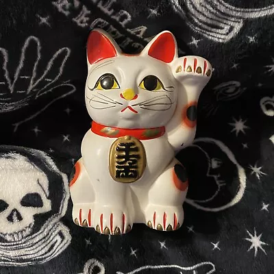 Vintage White Lucky Cat Raised Paw Maneki Neko Bisque Ceramic Piggy Bank • $23.80