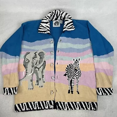 Vtg Storybook Knit Women's Cardigan Sweater Elephant Zebra Animal Buttons Sz Med • $65