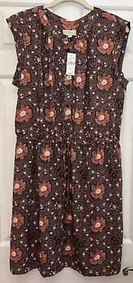 Loft Dress Floral Black-tan-pink Sleeveless Drawstring Tie Waist Button Sz L NWT • $24.99