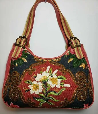 Isabella Fiore Floral Tapestry  Embroidered Glass Beaded Shoulder Bag Mint$495 • $249