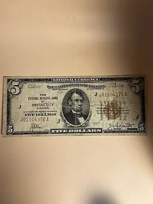 1929 $5 Dollar Federal Reserve Note National Currency Old Kansas City MO Bill • $79.99