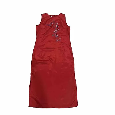 Vintage 90s Sz 12 Asian Cheongsam Inspired Red Satin Dress Sleeveless Maxi • $35