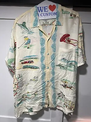 Vintage JAMS WORLD USA Florida  Map Race Cars Floral Hawaiian Shirt 2XL • $75