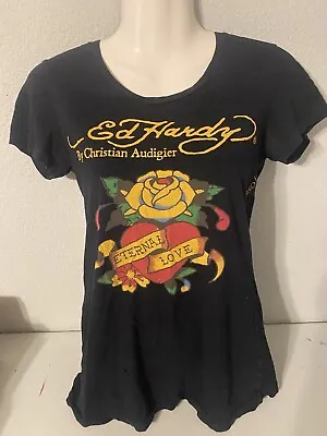 Women’s Black Short Sleeve ED HARDY “Eternal Love” Shirt Black Size Small • $16.99