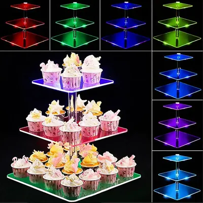 LED Rechargeable Acrylic Cupcake Stand Party Desserts Clear Tower Display Holder • £17.49