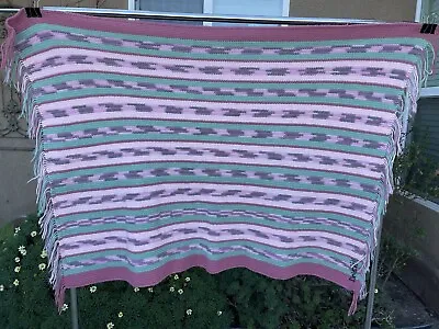 $24.90 • Buy Vintage Crochet Throw Afghan Blanket Green Pink Grey 50 * 40 Inch