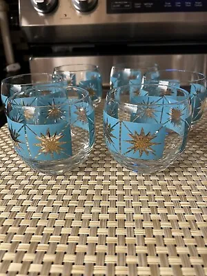 Aqua Atomic Starburst ROLY POLY Drinking Glasses Turquoise/Gold MCM Barware - 6 • $225