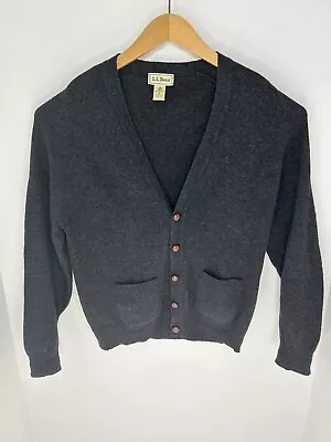 LL Bean Lambswool Vtg Cardigan Medium Sweater Gray Leather Elbow Patch Scotland • $34.88