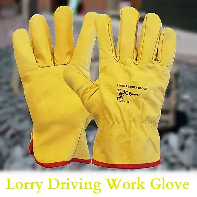 Premium Leather Yellow Driver Gloves Fleece Lined Lorry Driving Work Glove • £21.45