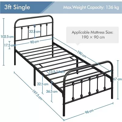 Single Size Srong Metal Bed Frame With High Headboard And Footboard Black 3FT • £35