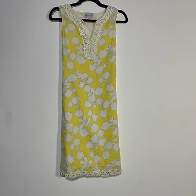 Mudpie Dress Womens Medium Yellow White Crochet Detail Neck Sleeveless Dress • $14.95