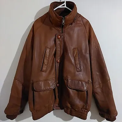 Vintage 70s 80s LEATHER Mens Brown Bomber Biker Zip Button Jacket - Size Large • $80.01