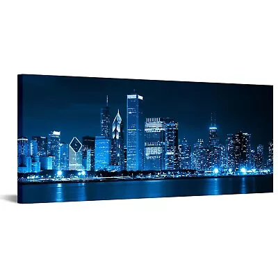 Modern Canvas Painting Chicago Skyline At Night Wall Art Cityscape Picture Pr... • $110.66