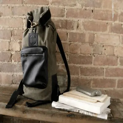 TM 1985 Roll Top Backpack Leather Canvas Military Vintage Brass Green Black • $145.54