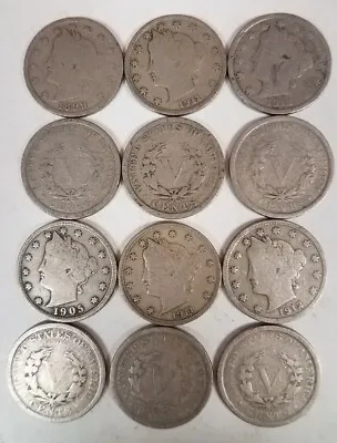 $19.99 • Buy 11203 LOT OF 12 GOOD LIBERTY HEAD  V  NICKEL 1883-1912 5c COINS 111+ YEARS OLD!!