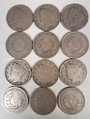 11203 LOT OF 12 GOOD LIBERTY HEAD  V  NICKEL 1883-1912 5c COINS 111+ YEARS OLD!! • $19.99