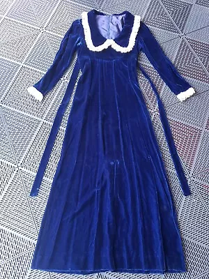 Vtg  Union Made Gunne  Blue Velvet /Lace Dress Satin Praire Punk Goth Grunge Med • $149