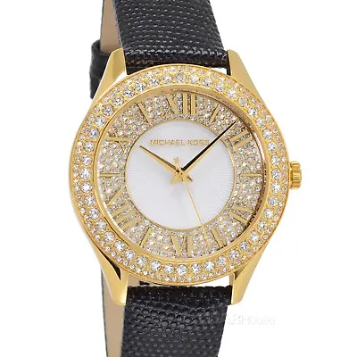 Michael Kors Harlowe Womens Pave Glitz Watch Gold White Dial Black Leather Band • $112.80