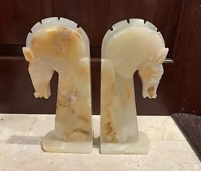 HUGE VTG Knight Trojan Horse Head Carved Onyx Marble Stone Bookend Set Book End • $115