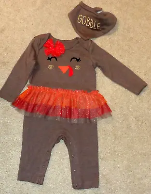 Celebrate Baby Girls Thanksgiving Romper & Bib Turkey Face Size 6-9 Months • $9.99