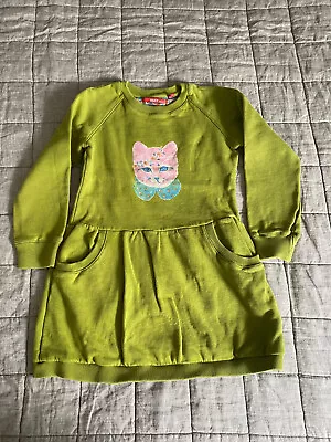 Girls Oilily Green Sweatshirt Dress With Cat And Pockets Size 7y • £10