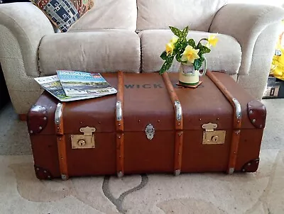 Lovely Vintage Steamer Trunk Antique Cabin Chest Coffee Table Leather Corners • £160