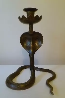 Vintage Indian Brass Hand Painted Rearing Cobra Snake Candle Holder • £18