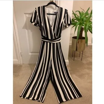 Miss Selfridge Short Sleeved Black & Off White Nautical Culotte Jumpsuit Size 6  • £8