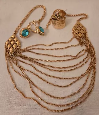 Jewelry Lot Vintage Gold Tone Metal Trifari Necklace Rhinestone Earrings#4-16B • $12