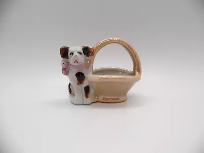 Vtg Ceramic Spotted Puppy Dog Pink Bow Basket Figurine Made In Occupied Japan • $12