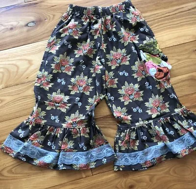 Matilda Jane Field Trip Thelma Ruffles Pants Girl Size 4 Brown Floral Lace • $19.75