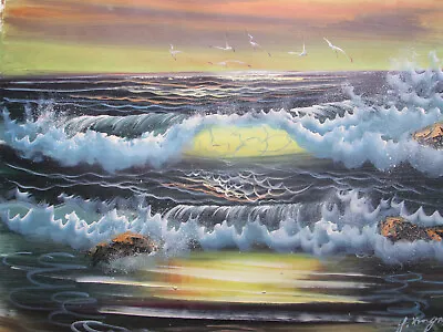£23.95 • Buy Ocean View Waves Large Oil Painting Canvas Sea Seascape Sun Set Rise Art Seaside