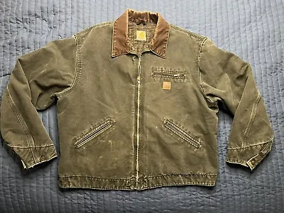 $200 • Buy Vintage Carhartt Detroit Jacket Moss Green Blanket Lined Brown Collar