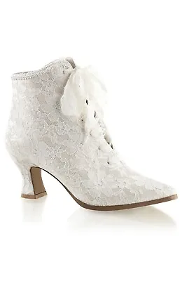 Fabulicious VICTORIAN-30 Ivory Lace Up Lace Overlay Ankle Bootie UK5 • £75