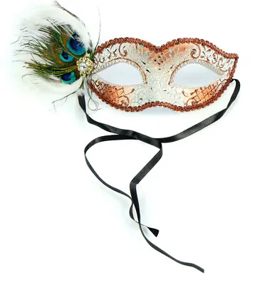 White Crackled Masquerade Venezia Eye Mask With Peacock Feathers And Jewels • $16.99