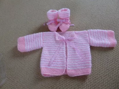 HAND KNITTED BABY MATINEE JACKET WITH BOOTEES. New Born 16 Inch Chest. Pink And • £3