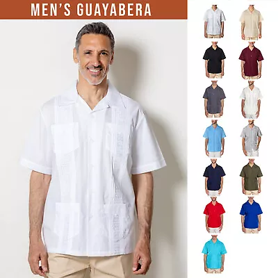 Men's Guayabera Four Pocket Short Sleeve Vacation Wedding Embroidery Shirt • $23.98