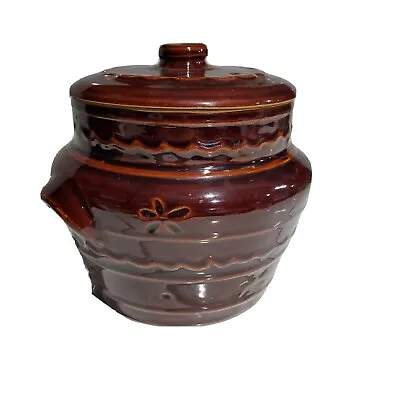 Marcrest Stoneware Bean Pot Crock & Lid Daisy Dot Oven Proof Brown Glazed MCM • $15.80