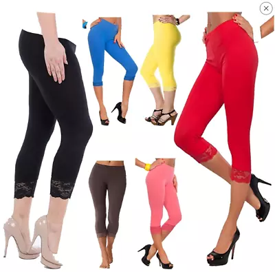 Women's Ladies 3/4 Cropped Lace Leggings Comfy Ladies Casual Pants Plus Sizes Uk • £5.99