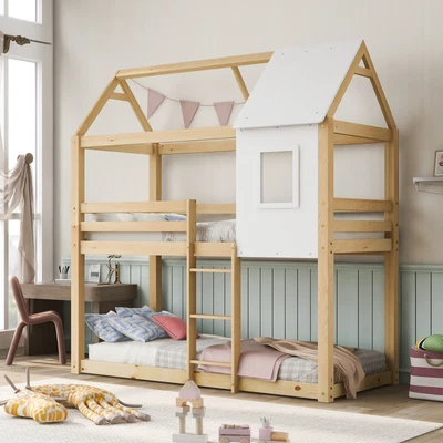 £316.96 • Buy Kids Double Bunk Bed Frame Treehouse High Sleeper Solid Pine Wood 3FT 90x190 Cm