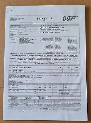 Call Sheet For Skyfall Thursday 17th November 2011 B23 Ltd James Bond 007  • £0.99