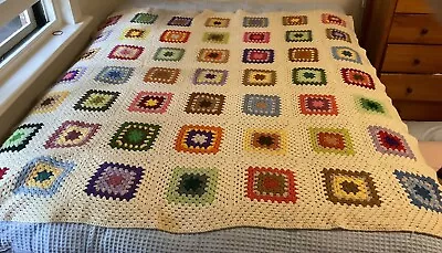 Crochet Knit Vintage Retro Granny Squares Blanket Throw Rug 165 Cm Cream Multi • $65