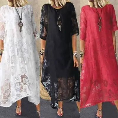Dress Loose Casual Vintage 44989 Neck Lace Kaftan O UK Sleeve Womens Long • $23.85