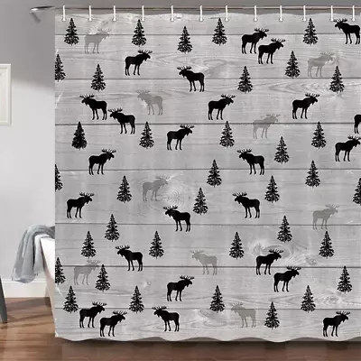 Rustic Lodge Cabin Shower Curtain Vintage Moose Deer Pine Tree Decor Country St • $34.99