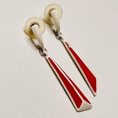 VTG 50s 60s Enamel Stud Earring Dangling Red White Triangular Winged Americana • £40.54