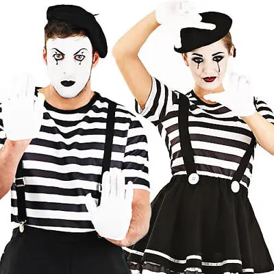 Mime Artist + Beret Adults Fancy Dress French Circus Clown Mens Ladies Costumes • £23.99