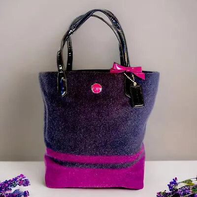 Coach Purse Wool Charcoal And Berry Stripe Tote Handbag Large Purse • $62.99
