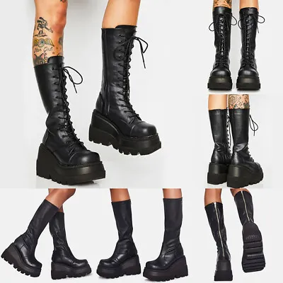 Womens Casual Mid Calf Boots Gothic Punk Lace Up Chunky High Heel Platform Shoes • $32.30