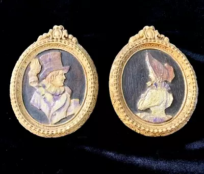 Vintage Chalkware Pair Oval Plaques 1800s MAN WOMAN Silhouettes Tan Brown Purple • $12.99